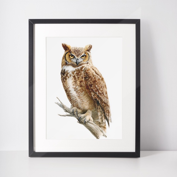 Watercolor Great Horned Owl Portrait Wall Art Print, Unframed - Woodland - Picture 2 of 6